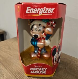 2000 Disney Mickey Mouse Energizer Glass Christmas Ornament New In Box